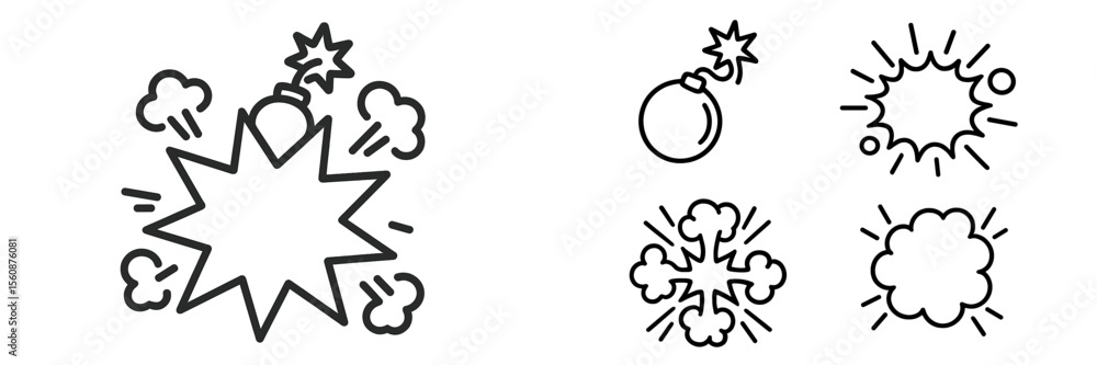 Poster explosive graphic elements depicting various types of explosions and bomb imagery with distinct outl