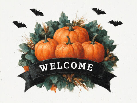 Obrazek powitalny z dyniami, liśćmi, zbożem i nietoperzami. Czarna wstęga z napisem "WELCOME". Idealny na jesienne dekoracje i Halloween.