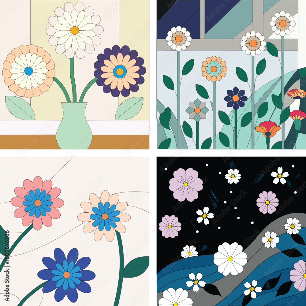 Poster set of four colorful floral art prints with different backgrounds and compositions