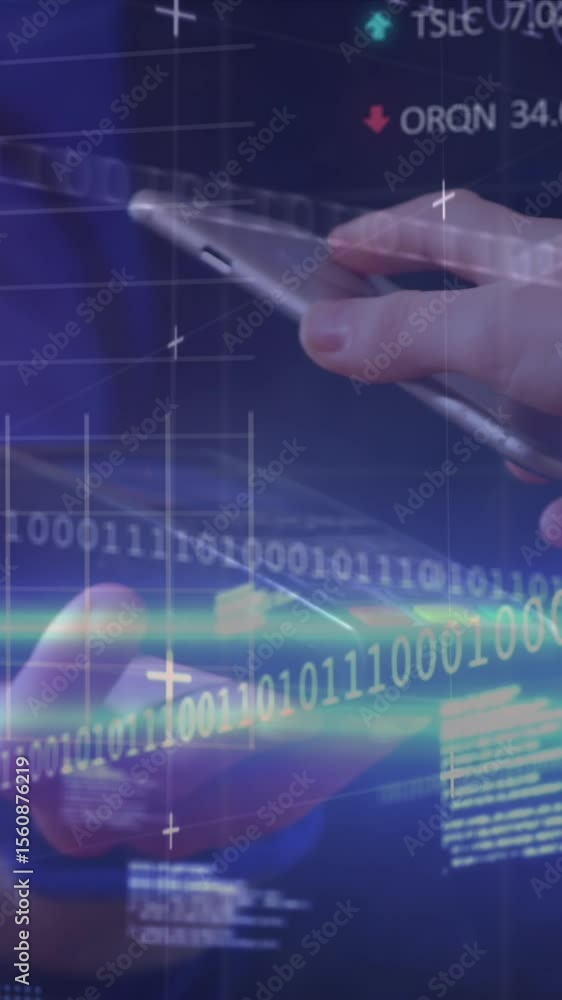 Poster animation of financial graphs and data processing over caucasian man with payment terminal