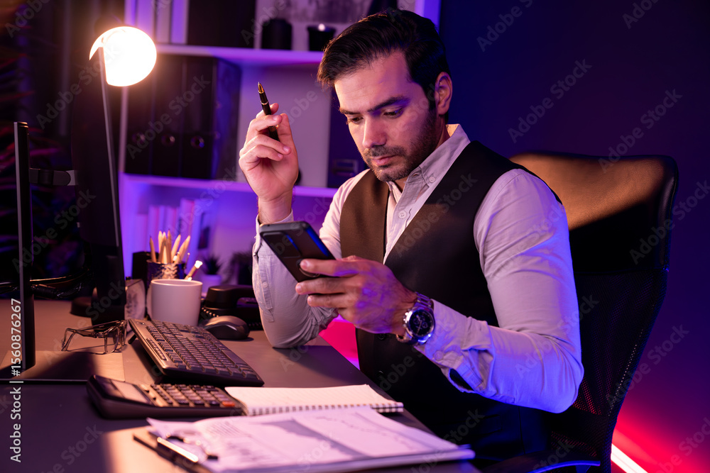 Poster smart businessman searching information on smartphone with market database on paper work report fold