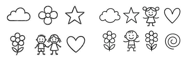 Colorful hand-drawn doodles of children, flowers, stars, and hearts designed for creative projects or educational materials
