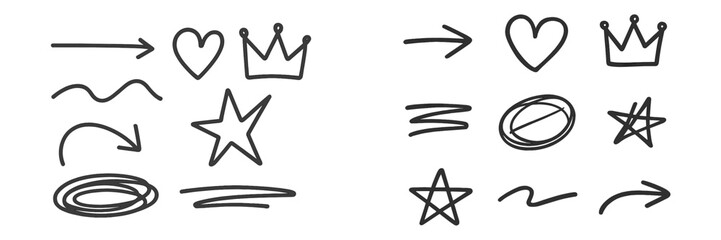 Design elements featuring sketches of hearts, crowns, stars, and arrows in a minimalist style for creative projects