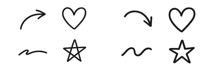 Creative doodles featuring arrows, hearts, and stars in black ink on a white background showcasing playful artistic expression