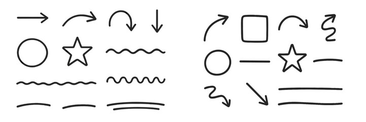 Various hand-drawn shapes and lines displayed side by side on a white background for design practice and visual communication