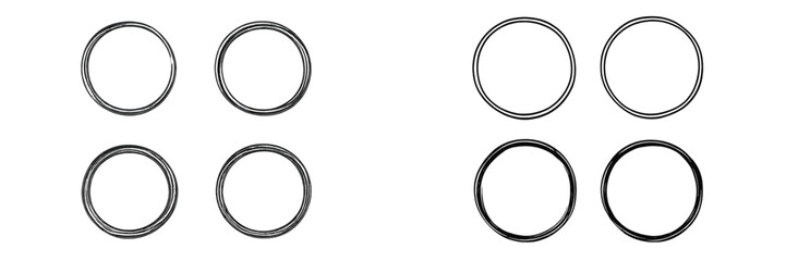 Collection of circular metal rings displayed in two separate arrangements on a plain background