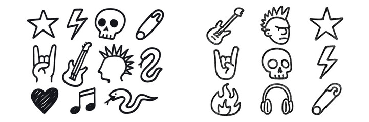 Rock themed doodles featuring skulls, guitars, and punk designs in a playful arrangement