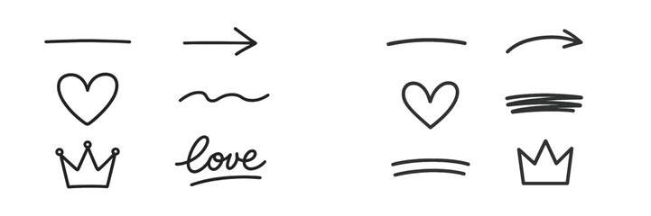 Hand-drawn decorative elements including hearts, arrows, and crowns ideal for creative projects and designs