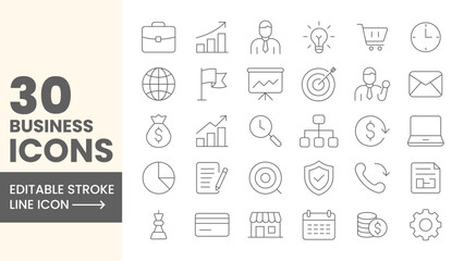 30 Editable Stroke Business Line Icons – Modern Vector Icon Set for Finance, Marketing, Management & Office