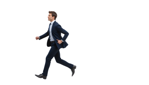 A confident businessman in a suit is seen walking briskly, showcasing forward motion against a transparent backdrop for versatility.