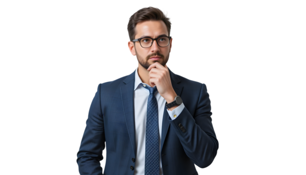 A pensive businessman in a blue suit is contemplating his next move, looking thoughtful on a transparent background.