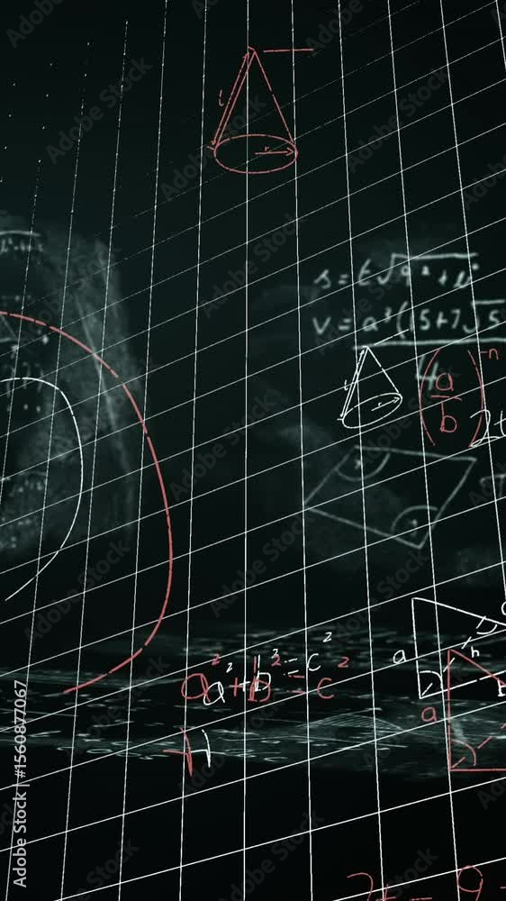 Poster animation of math formulas over checked background and black space