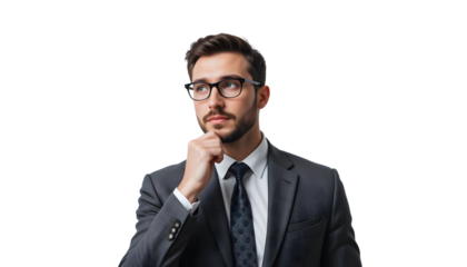 Pensive professional man in a suit wearing glasses gazes thoughtfully into the distance against a black background, ideal for business concepts.