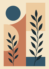 Minimalist illustration with geometric shapes and plants, pink, blue beige, neutral colors. art for decoration and background. boho style