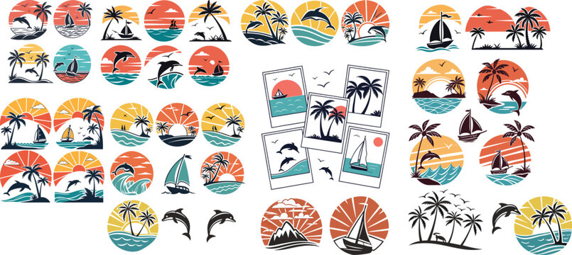 Set of 49 Tropical Beach Scene Illustrations  Vibrant Flat Design Icons Featuring Sunsets Palm Trees Dolphins and Sailboats in 2x3 Grid Layout