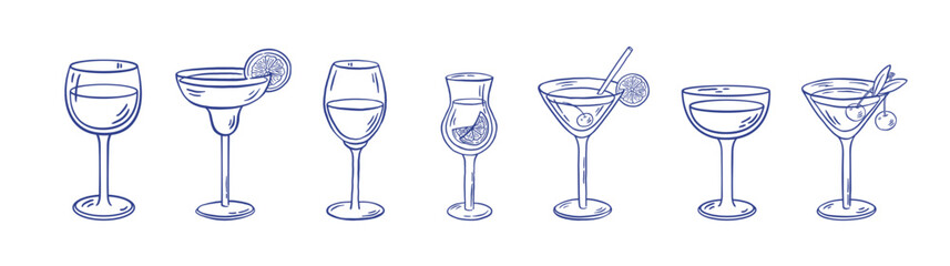 Hand-drawn cocktail and wine glass set vector illustration. Doodle sketch style drinks with margarita, martini, wine, and mocktail, limonchello. Perfect for bar, menus, party, invitations, restaurant