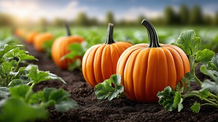 Vibrant orange pumpkins nestled in rich dark soil, surrounded by lush green leaves, showcasing the beauty of a bountiful harvest in a picturesque agricultural setting