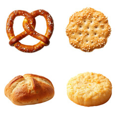 Collage of assorted flour-based products including pretzels, crackers, bread rolls, and cookies copy space
