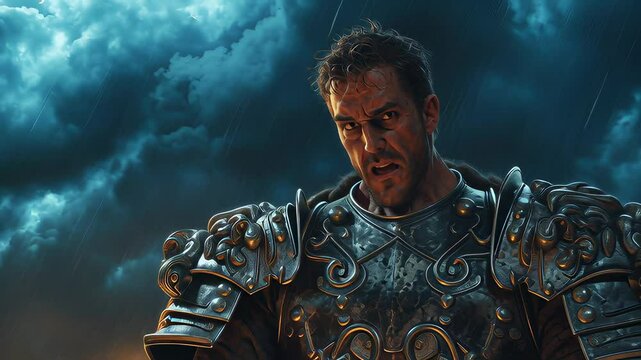 A man in a suit is holding a sword and standing in front of a dark sky. Scene is intense and dramatic