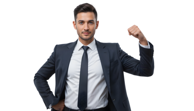 Confident businessman strikes a powerful pose with a raised fist against a transparent backdrop, exuding success and determination.