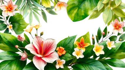 Watercolor of Tropical spring floral green leaves and flowers elements isolated on transparent backg
