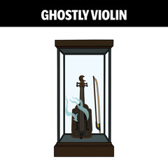 Cartoon Ghostly Violin Vector Illustration – Haunted Fantasy Instrument in Display Case