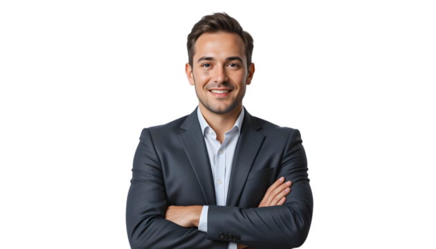 Confident businessman smiles with arms crossed, showcasing modern professional attire against a transparent backdrop for various corporate designs.