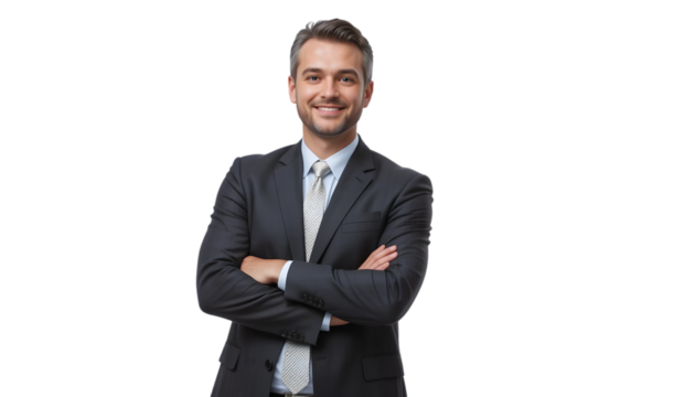 A confident business man in a suit smiles with his arms crossed against a transparent background, looking professional and ready for success.