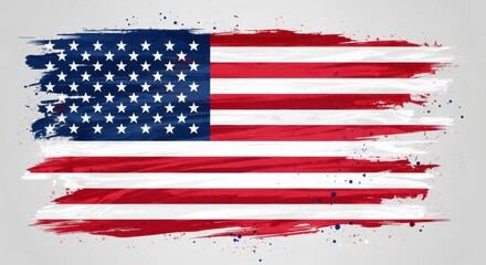 A grunge-style American flag, painted with distressed and weathered brush strokes on a light grey background. A vintage and rustic patriotic symbol.