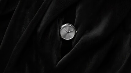 Sleek silver watch on a dark fabric backdrop.