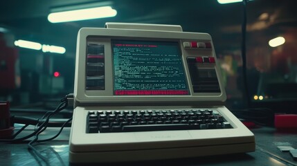 Vintage computer with a glowing screen displaying code.