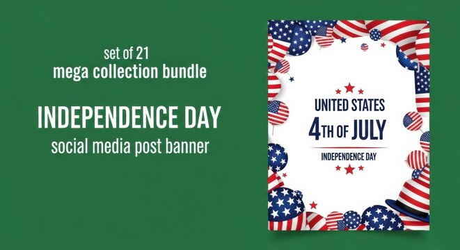 An advertisement for a collection of Independence Day social media post banner templates, showing a patriotic 4th of July design.