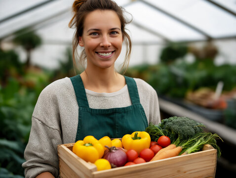 young Caucasian woman holding a wood crate of vegetables in greenhouse - Powered by Adobe