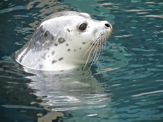 Closeup of a spotted seal with his head poked out of water
