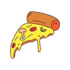 Hand drawn slice of pizza in flat cartoon stylisation. Vector illustration in comic style with outline. Fast food element