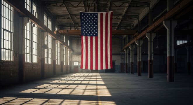 Sunlight Streams Through Windows onto American Flag in Old Warehouse