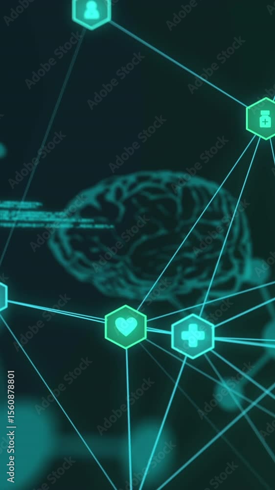 Poster animation of brain and research data processing with network of connected icons, on black