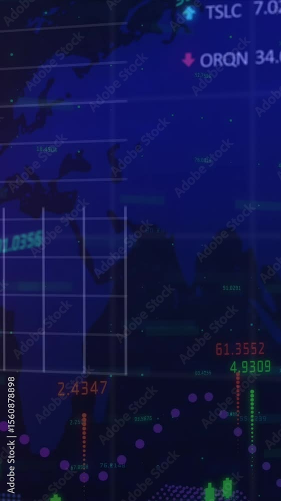 Aufkleber animation of financial data processing over world map on black background