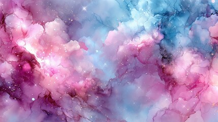 Fototapeta premium Pattern featuring hand-painted abstract galaxy shapes and nebula clouds soft edges, glowing centers in shades of magenta, blue, and cosmic pink. Background is white with watercolor blotting effects. 