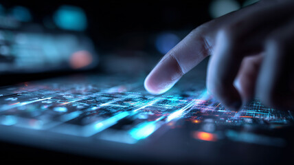 Holographic Touch Interface: a fingertip hovers over a glowing data grid, evoking futuristic user interaction.

