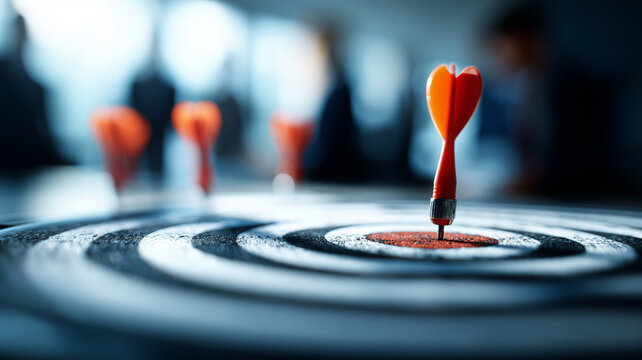 Team Target Success: multiple darts hit shared objectives in a bustling office.
