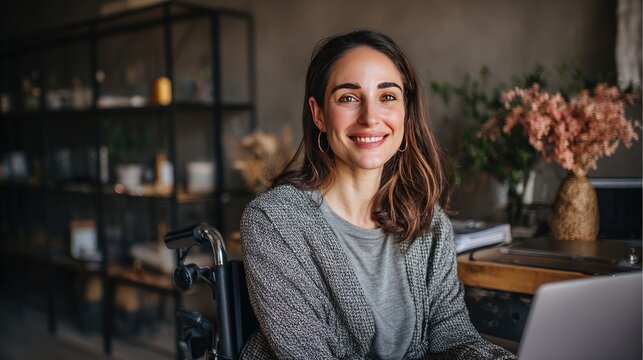 A photorealistic portrait of a confident European woman in a wheelchair giving a job interview via video call on her laptop in a home office, dressed professionally