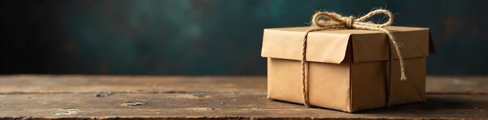 Mysterious Brown Cardboard Box Tied with Twine on Rustic Wood, Awaiting Discovery; Perfect for Suspense, Surprise, Gift, or Mystery Themes