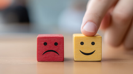 Mood Shift Cubes: a hand swaps a sad red block for a happy yellow one, illustrating a deliberate mindset change.
