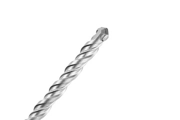 SDS-Plus masonry drill bit with spiral flutes and quick-change shanks, isolated on white...
