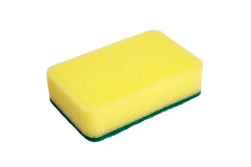 Yellow cleaning sponge with green scouring pad, designed for effective scrubbing and cleaning, showcasing its versatility in household and industrial applications