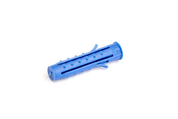 Blue plastic wall anchor for securing fixtures, featuring a ribbed design for enhanced grip and...