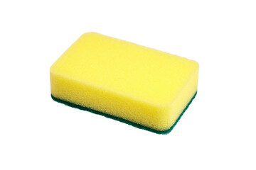 Yellow kitchen sponge with green scrubbing pad, ideal for cleaning dishes and surfaces, showcasing versatility and effectiveness in household chores and maintenance tasks