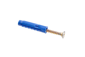 Blue plastic wall anchor with a metal screw, designed for secure fastening in various materials,...