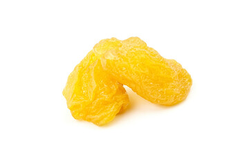 Dehydrated yellow pear with a translucent, wrinkled texture, isolated on white background. Ideal for healthy snack, fruit packaging, or nutrition concepts
